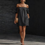 Women's Cotton-Linen Off-Shoulder Puff-Sleeve Loose Mini Dress