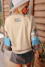 Smoke Gray Plaid Patchwork Sleeve Raw Seam Sweatshirt