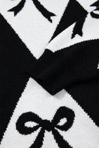 Red Bow Print 2-tone Rhombus Knit Loose Sweater