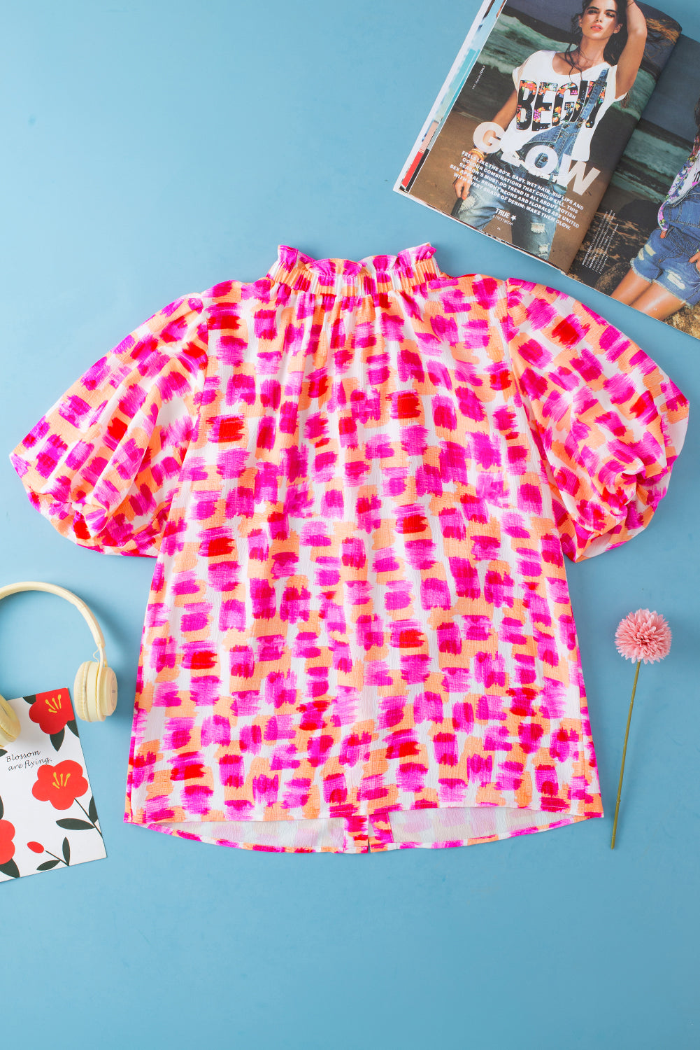 Pink Abstract Print Button Back Frill Neck Blouse