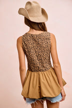 BiBi Rib Textured Leopard Sleeveless Bubble Peplum Top