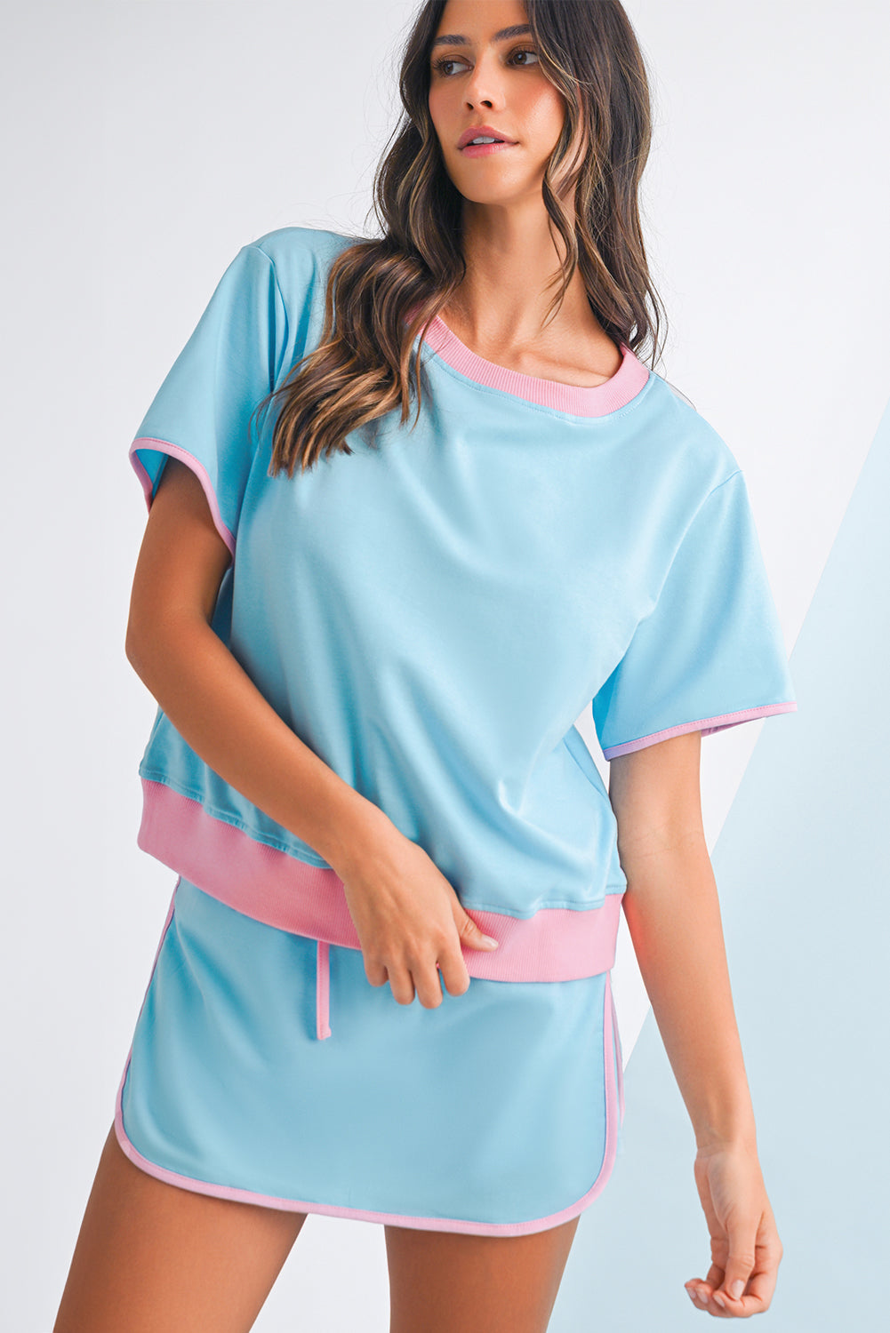Black Colorblock Edge Drop Shoulder T Shirt and Skort 2Pcs Set
