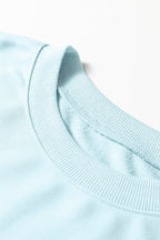 Mist Blue Drop Shoulder Puff Sleeve Crop Pullover Drawstring Wide Leg Pants Set