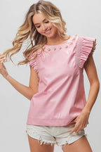 BiBi Leather Smocked Ruffled Top