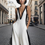 Women's Color-Block Sleeveless V-Neck Wide-Leg Jumpsuit – French Style Long Pants