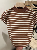 Semi-High Neck Striped Short-Sleeved T-Shirt