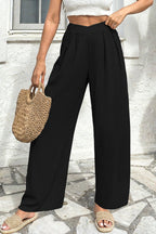 Color black Solid Color Textured Crossed Waist Loose Pants