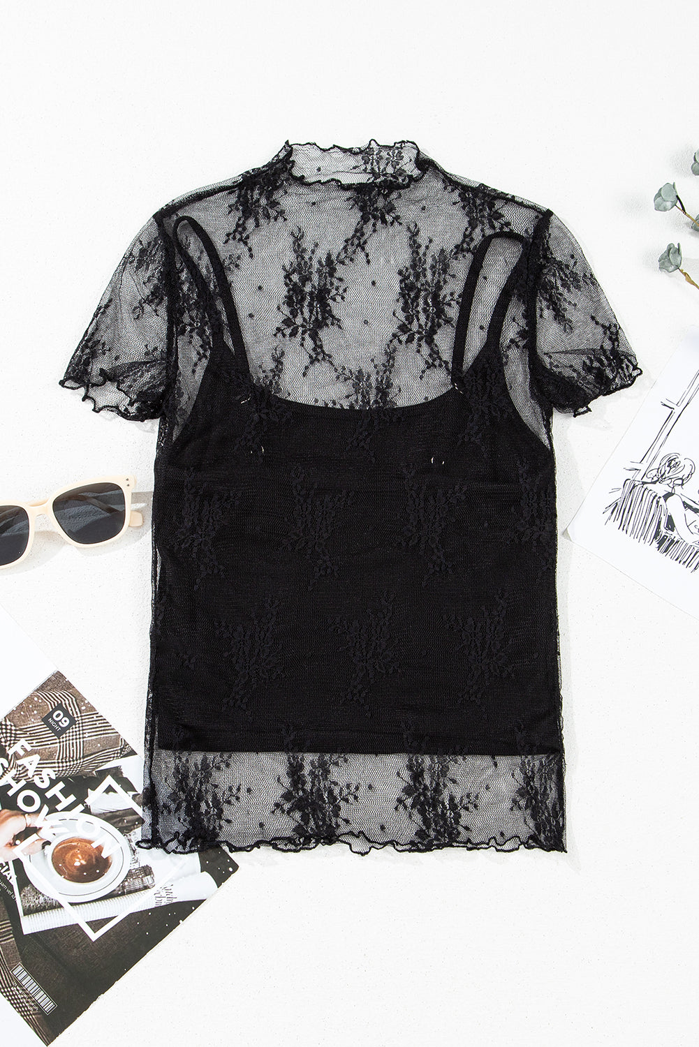 Black Floral Short Sleeve Sheer Mesh Blouse
