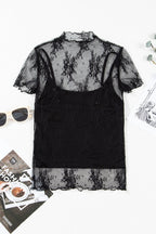 Black Floral Short Sleeve Sheer Mesh Blouse