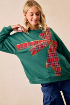 BiBi Plaid Ribbon Bow Detail Christmas Fleece Pullover