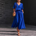 Women's Cotton-Linen V-Neck Button-Up Top & Long Skirt Set