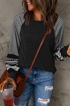 Tillandsia Purple Contrast Print Striped Raglan Long Sleeve Loose Top