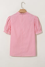 Pink Striped V Neck Puff Sleeve Blouse