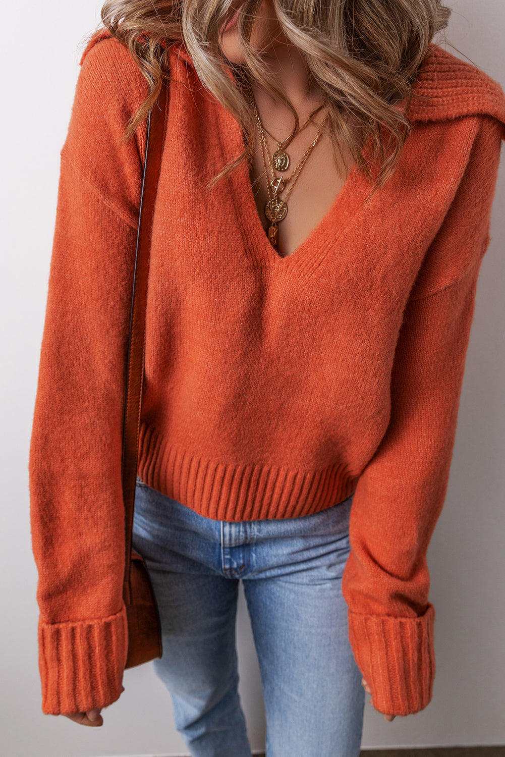Racing Red Ribbed Edge Collared V Neck Loose Fit Sweater