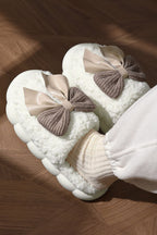 Camel Contrast Bowknot Applique Plush Winter Slippers (Bow Colors May Differ by Batch)