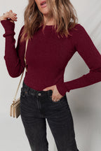 Red Dahlia Metal Ribbed Knit Long Sleeve Slim Fit Top