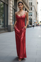 Textured Mirror-Finish U-Neck Slip Maxi Dress with Pockets