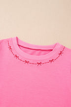 Pink Sweet Bow Trim Pearl Embellished Blouse and Skort Set
