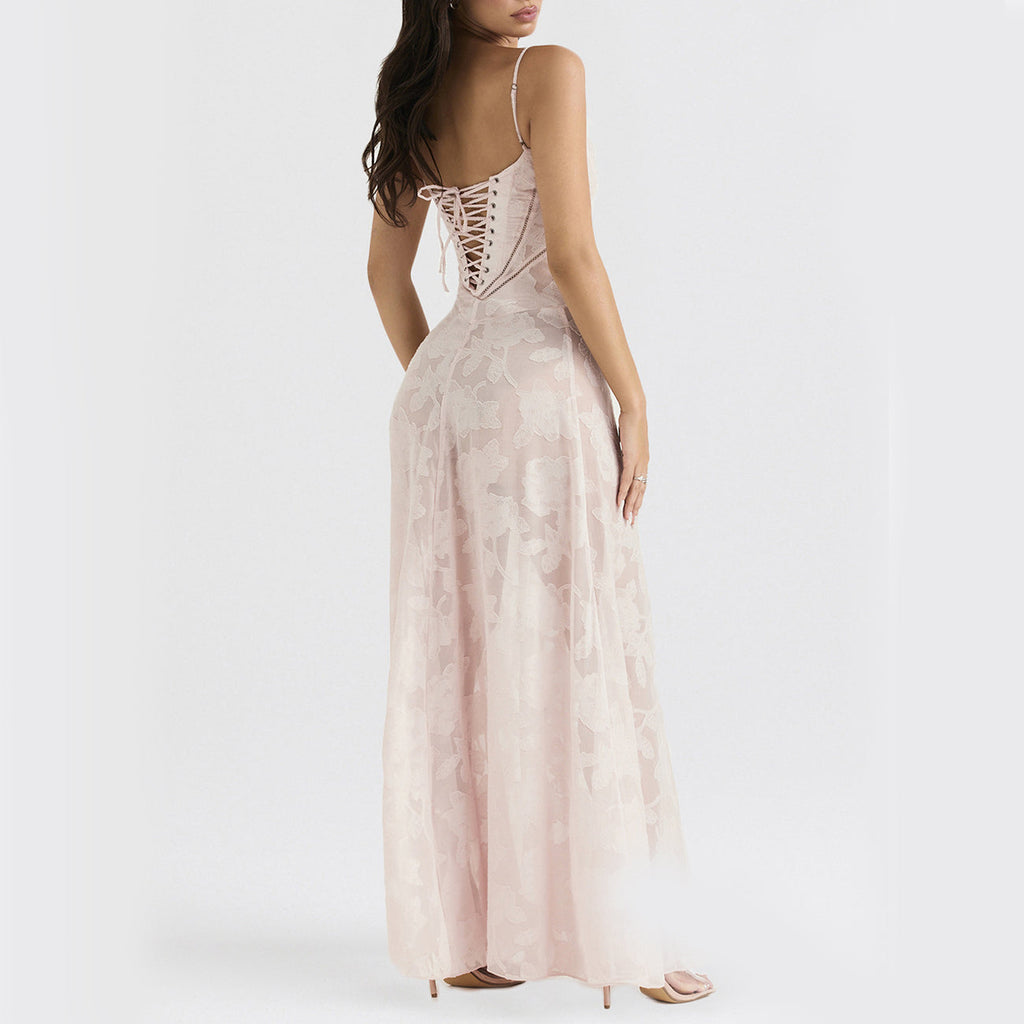 Sexy Flowers Lace Suspender Dress Summer Fashion Slim Back Lace-up Long Dresses Party Evening Club Clothing For Women
