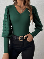 Swiss Dot V-Neck Long Sleeve Top