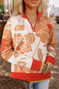 Khaki Floral Half Zip Collared Pullover Sweater