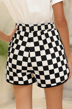 Black Checkered Drawstring Elastic Waist Casual Shorts