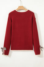 Racing Red Leopard Bow Decor Split Cuff Contrast Trim Sweater