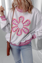 Gray Flower Patch Contrast Trim Crew Neck Sweatshirt