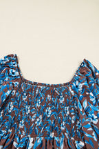 Blue Smocked Bodice High Waist Ruffled Sleeve Floral Dress