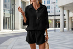 Women's Lapel Collar Double-Panel Shirt & Shorts Two-Piece Set