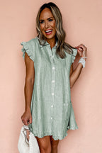 Green Stripe Frill Trim Pocket Button Up Mini Dress