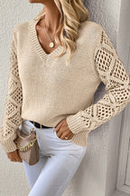 Black Solid V Neck Pointelle Knit Sleeve Patchwork Sweater