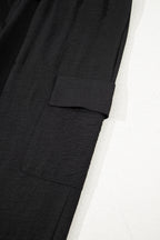 Black Drawstring Frilled Waist Wide Leg Utility Trousers