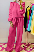 Rose Red Textured Puff Sleeve Top and Pants Set