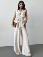 Women's Lace-Up V-Neck Vest & Pants Two-Piece Set – Elegant Commuter