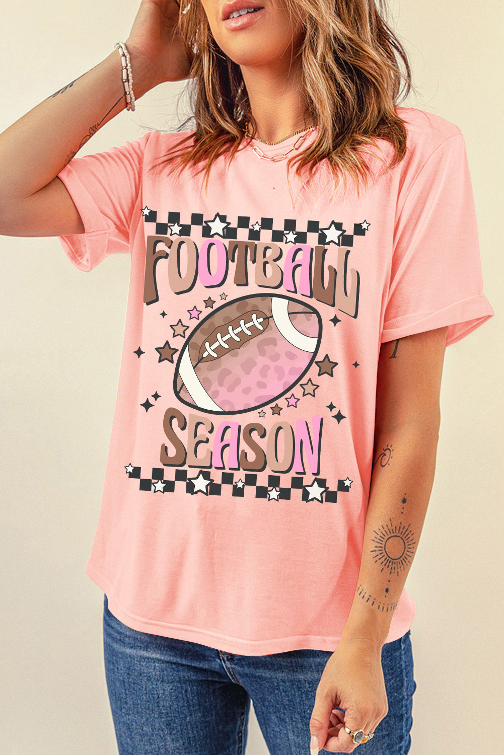 Pink FOOTBALL SEASON Heat Transfer Printing Graphic Game Day T Shirt