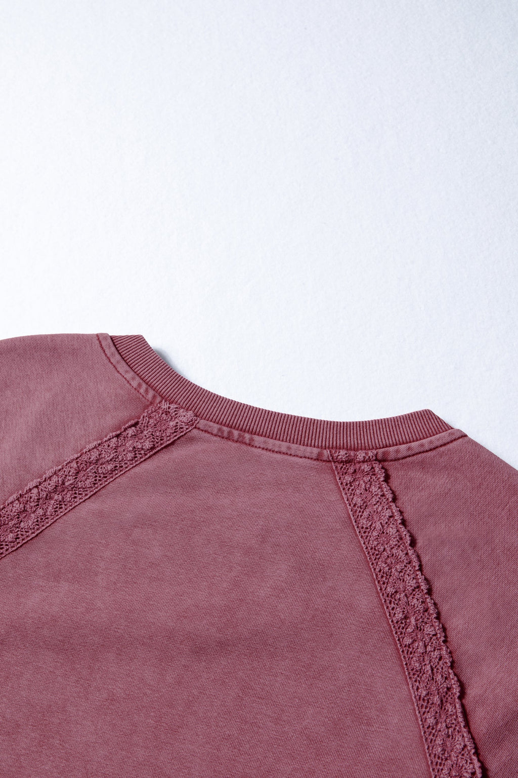 Red Dahlia Lace Patchwork Detail Notched Neck Mineral Wash Baggy Sweatshirt