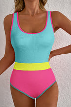 Rose Red Textured Colorblock One Piece Swimsuit