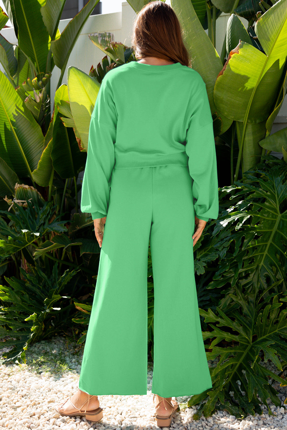 Mist Blue Drop Shoulder Puff Sleeve Crop Pullover Drawstring Wide Leg Pants Set