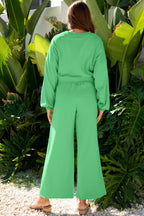 Mist Blue Drop Shoulder Puff Sleeve Crop Pullover Drawstring Wide Leg Pants Set