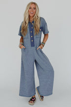 Beau Blue Patchwork Pocket Short Sleeve Jumpsuit