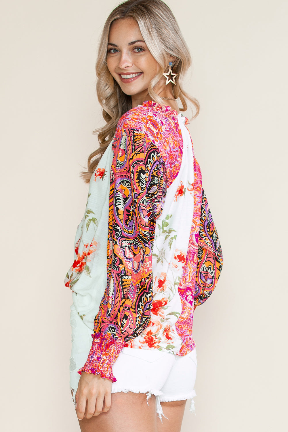 Multicolor Floral Patchwork Shirred Cuff Buttoned V Neck Blouse