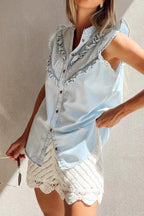 Sky Blue Mineral Wash Sleeveless Frill Button-Up Denim Shirt