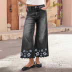 Chrysanthemum Embroidered Cropped Denim Jeans – Women's Loose Straight-Leg