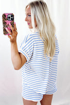 Pink Striped Print Short Sleeve Top and Pocket Shorts Set