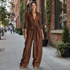 Women's Collar Long Sleeve Top & High-Waist Pants Two-Piece Set – 5 Colors