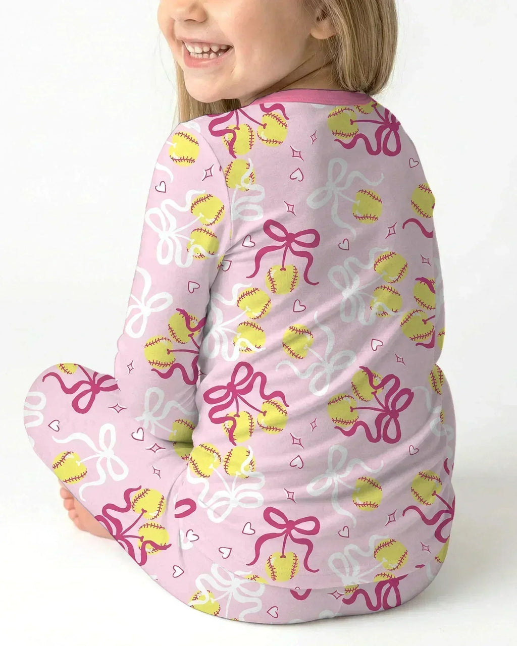 Softball Cherry Mom And Girl Matching Bamboo Two Piece Long Sleeve Pajama Set