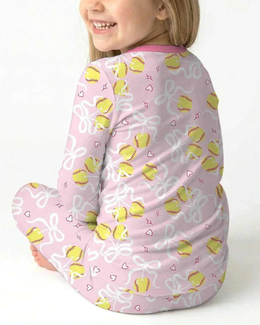 Softball Cherry Mom And Girl Matching Bamboo Two Piece Long Sleeve Pajama Set