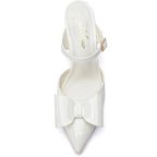 Geluboao Womens Size 7.5 White Faux Leather 3.5" Heel Closed Toe Bow Pump Shoes