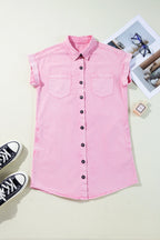 Pink Double Chest Pocket Denim Shirt Dress